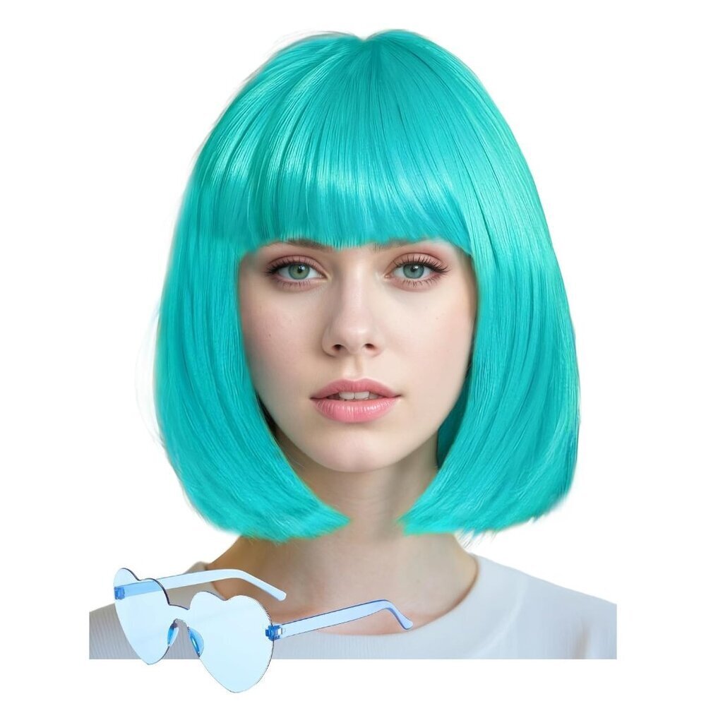 Women's Turquoise 12 Inch Costume Cosplay Party Short Bob Wigs And Sunglass